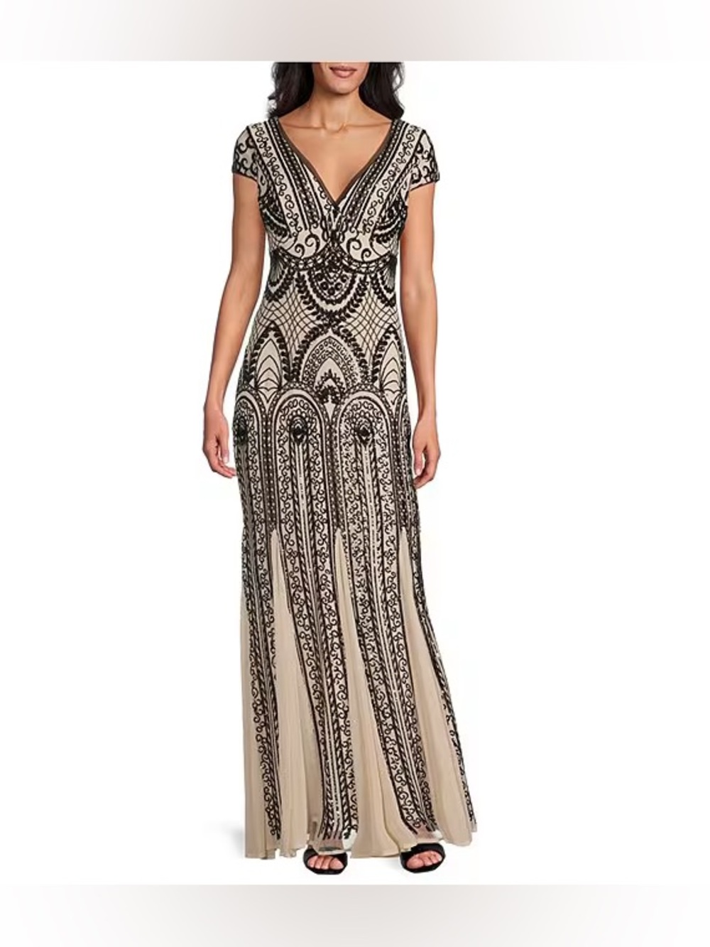 R & M Richards Beige and Black Beaded V-Neck Gown
